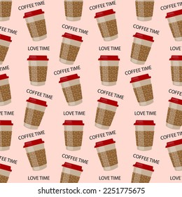 Seamless patern paper cup with gold hearts. Text Love time and Coffee time.Love coffee paper cup with hearts.Vector illustration in flat cartoon style.