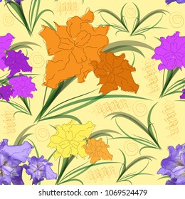 Seamless patern with purple, lilac and yellow irises on a yellow background. Vector illustration