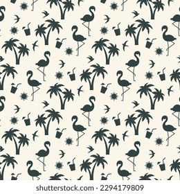 seamless patern with silhouettes of flamingo and palm tree 