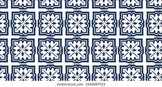 
Seamless patern with Spanish or Portuguese tiles, Lisbon floral mosaic, mediterranean seamless dark blue ornament Decorative tile background, vector illustration