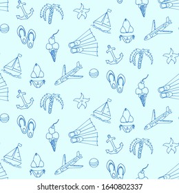 Seamless patern summer background. Hand drawn sketch illustration of summer symbols: sea, vacation, beach, swimsuit, yacht, anchor, ice cream. Weekend Travel, Tourism, Holiday.