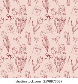 Seamless patern of tulips and ribbon