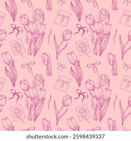 Seamless patern of tulips and ribbon on pink background