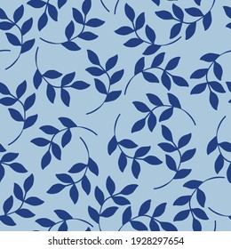 seamless patern vintage. Dark blue plant leaves. light blue background. Seamless repeating vector pattern. spring print for textiles and wallpaper.
