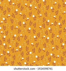 seamless patern vintage. mustard background. small white flowers and berries . trend print for textiles and wallpaper.