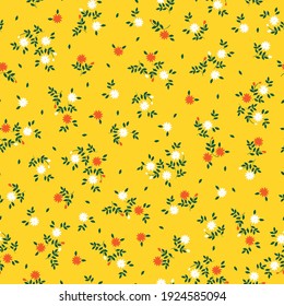 vintage sin costura. fondo amarillo. flores pequeñas blancas y naranjas. ramo de primavera. impresión de tendencia para textiles y papel pintado.