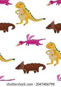 Seamless patern with yellow dinosaur on white background. Childish pattern. Happy dinosaur