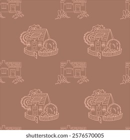Seamless paternoster in mocha mousse color. Sketch of garden houses organic style garden houses. House doodle template - village vector illustration. Seamless texture.