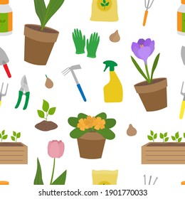 Seamless patetrn gardening elements vector illustration. Garden tools.