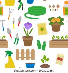 Nahtlose patentierte Gartenelemente, Vektorgrafik. Gartenwerkzeuge.