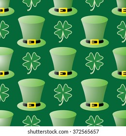 Seamless Patrick day pattern with leprechaun hats and shamrock
