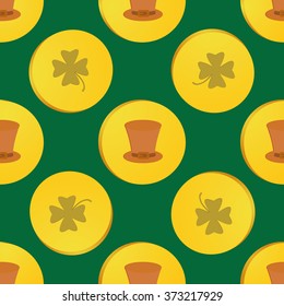 Seamless Patrick day pattern with with leprechaun gold coin