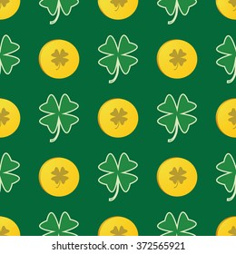 Seamless Patrick day pattern with shamrock and gold coins.