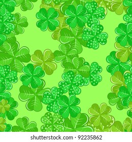 Seamless Patrick's Pattern With Green Shamrocks On Light Green Backdrop