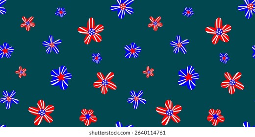seamless patriotic flower pattern – usa flag inspired floral design with red white blue blossoms on dark emerald green background for independence day decor