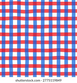 Seamless patriotic gingham pattern featuring a classic checkered grid in red, white, and blue with a subtle wavy hand-drawn effect. This 4th of July inspired design blends a timeless picnic-style pattern with modern soft edges, perfect for Independence Day projects, fabric, wrapping paper, wallpapers, and digital backgrounds. Clean repeating pattern ideal for surface design and print.