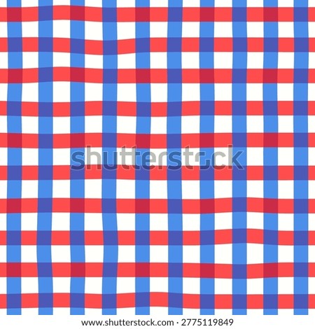 Seamless patriotic gingham pattern featuring a classic checkered grid in red, white, and blue with a subtle wavy hand-drawn effect. This 4th of July inspired design blends a timeless picnic-style pattern with modern soft edges, perfect for Independence Day projects, fabric, wrapping paper, wallpapers, and digital backgrounds. Clean repeating pattern ideal for surface design and print.