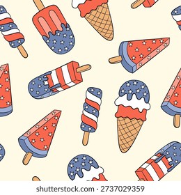 Seamless patriotic ice cream pattern with red white and blue popsicles and cones inspired by American independence day