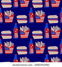 Seamless Patriotic Pattern with American Party Elements Including Fireworks, Hotdogs, Ice Cream, and Decorations in Red, White, and Blue for USA Celebration