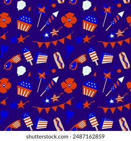 Seamless Patriotic Pattern with American Party Elements Including Fireworks, Hotdogs, Ice Cream, and Decorations in Red, White, and Blue for USA Celebration