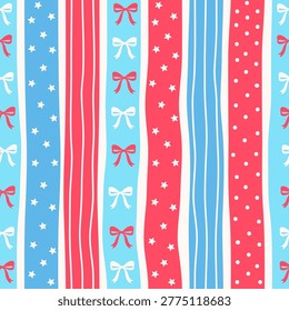 Seamless patriotic pattern featuring vertical wavy stripes with stars, ribbon bows, and polka dots in red, white, and blue. This playful 4th of July design combines classic American elements with a modern hand-drawn style. Perfect for Independence Day projects, fabric, wrapping paper, wallpapers, and digital backgrounds. Clean repeating pattern ideal for surface design and print.
