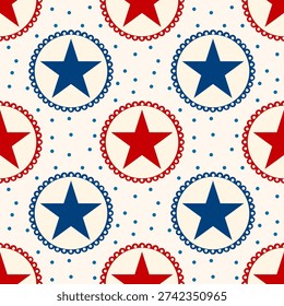 Seamless patriotic pattern with red and blue stars inside circular badges and dotted background. Perfect for Independence Day, Memorial Day, and USA-themed designs.