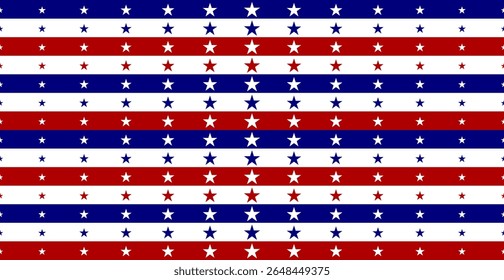 Seamless Patriotic Pattern with Red, White, and Blue Stripes and Stars. 4th of July Celebration Design. American Flag Color Concept. Vector Illustration