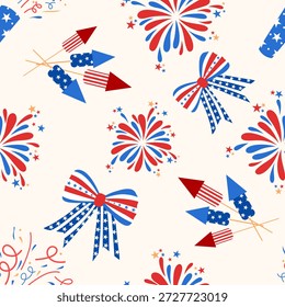 Seamless patriotic pattern with red, white, and blue fireworks, bows, and rockets. Perfect for Fourth of July, Independence Day celebrations and festive decor.