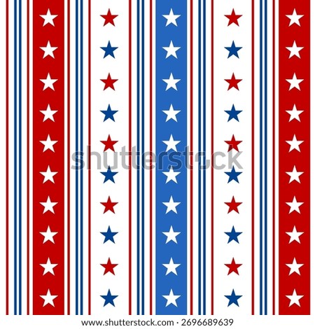 Seamless patriotic pattern with red, white, and blue vertical stripes decorated with stars.