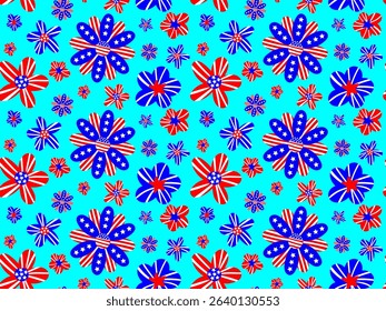 seamless patriotic pattern with usa flag floral elements in red blue and white on turquoise background, perfect for independence day, fabric, cards and design