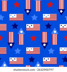 Seamless patriotic pattern with USA flags, stars and arrows in red, white and blue hand drawn geometric style. Concept of American celebration, independence and national pride