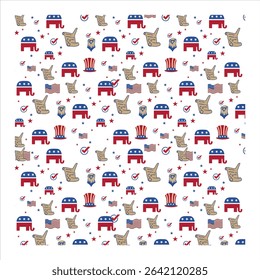 Seamless patriotic Republican political pattern featuring red, white, and blue icons. Includes GOP elephant symbols, Uncle Sam hats, American flags, check marks, the U.S. Constitution, and bald eagle 