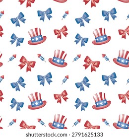 A seamless patriotic vector pattern featuring red and blue bows, striped top hats with stars, and festive fireworks rockets