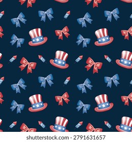 A seamless patriotic vector pattern featuring red and blue bows, striped top hats with stars, and festive fireworks rockets on a dark navy background.