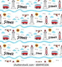 Seamless patten with Bird summer van sun. vector illustration