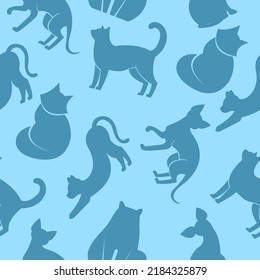 Seamless patten with cats. Flat design vector. Variety breeds cats in different poses sitting, standing, stretching, lying. For veterinary clinic, pet shop advertising concept. Collection of kittens