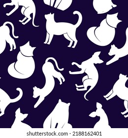 Seamless patten with cats. Flat design vector. Variety breeds cats in different poses sitting, standing, stretching, lying. For veterinary clinic, pet shop advertising concept. Collection of kittens