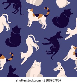 Seamless patten with cats. Flat design vector. Variety breeds cats in different poses sitting, standing, stretching, lying. For veterinary clinic, pet shop advertising concept. Collection of kittens