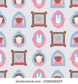 Seamless patten with cute animals portrait in the vintage frames. Cartoon rabbit, bear, sheep and cat. Children texture in flat style for kids bedding or wrapping paper. 