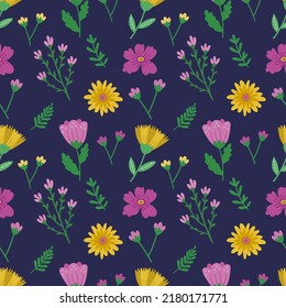Seamless patten with cute flowers on a dark blue backgroud. Vector graphics for the design wallpaper, covers, wrapping paper, prints for packages, pillows, textile, clothes.