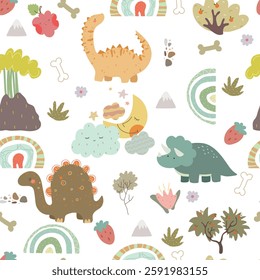 Seamless patten with dino and plants. Vector illustration with animals, rainbows, plants, bones, clouds, moon. Kids pattern.