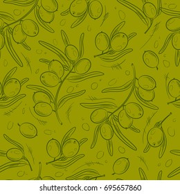 Seamless patten with hand drawn olive tree twigs.Hand drawn sketch background - of olive branches and olive berries. Vector background texture.