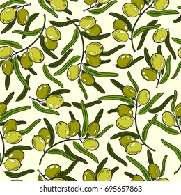 Seamless patten with hand drawn olive tree twigs.Hand drawn sketch background - of olive branches and olive berries. Vector background texture.