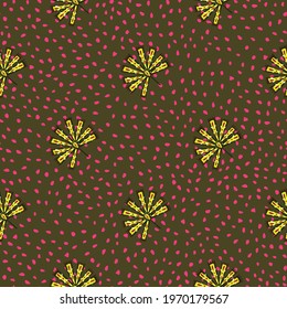 Seamless patten with hand drawn yellow geometric daisy flowers print. Green dooted background. Decorative backdrop for fabric design, textile print, wrapping, cover. Vector illustration.