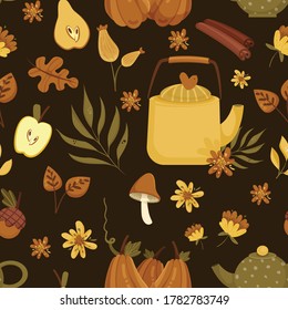 Seamless patten on dark background.  Vector autumn leaf, teapot, cinnamon, chamomile, calendula, rosehip, apple, pumpkin, pear, acorn, tropical flowers. Elements for warming tea