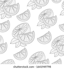 Seamless patten with orange and 
grapefruit. Black and white illustration