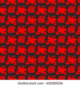 Seamless patten with red roses in inky splashes, vector illustration