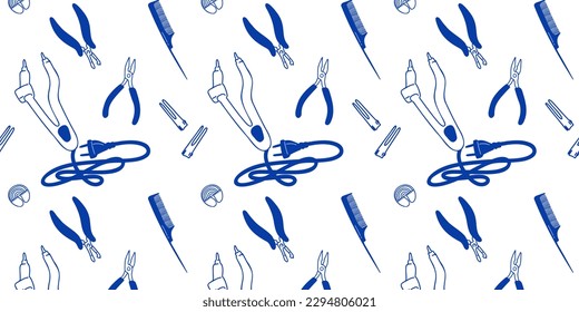 Seamless patten with a set of tools for hair extensions. Hairdressing tools for the procedure. Doodle vector illustration