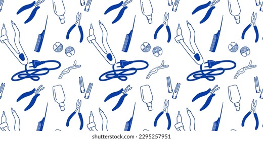 Seamless patten with a set of tools for hair extensions. Hairdressing tools for the procedure. Doodle vector illustration