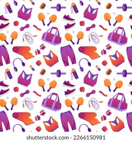 Seamless patten sports items. Sportswear, sneakers, ping pong rackets, bag, headphones, mat, jump rope, dumbbells, press roller. Repeatable background for printing scrapbooking, textile and fitness.